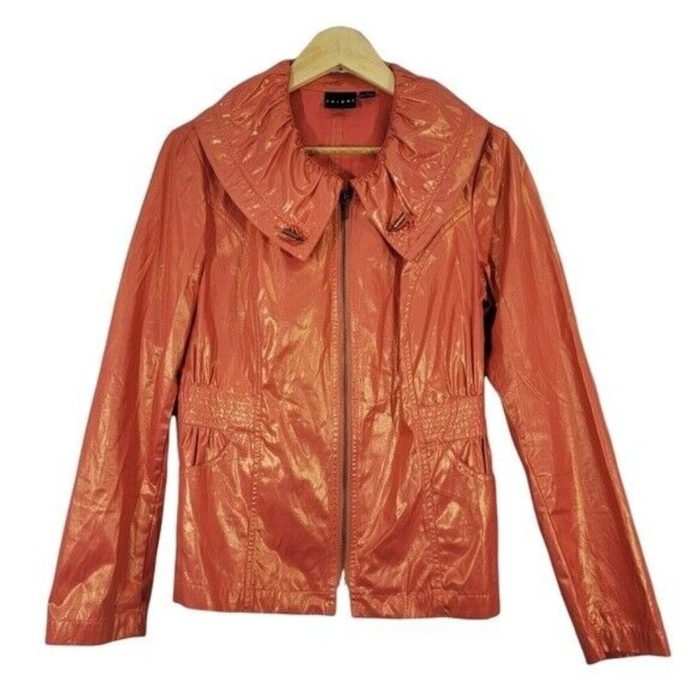 Tribal Brand Jacket Shiny Orange Full Zip Interesting Cinch Collar Funky Sz 8 EU